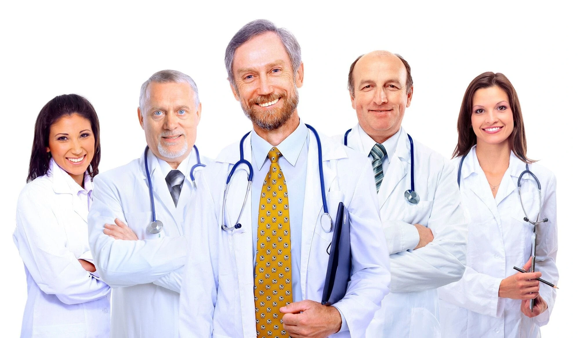 Group of five healthcare professionals in white lab coats, smiling confidently with stethoscopes, representing a collaborative medical team.